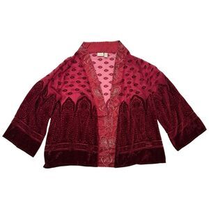 Vintage Velvet Burnout Sheer Open Cardigan Women's 2X Red Blouse Whimsigoth READ